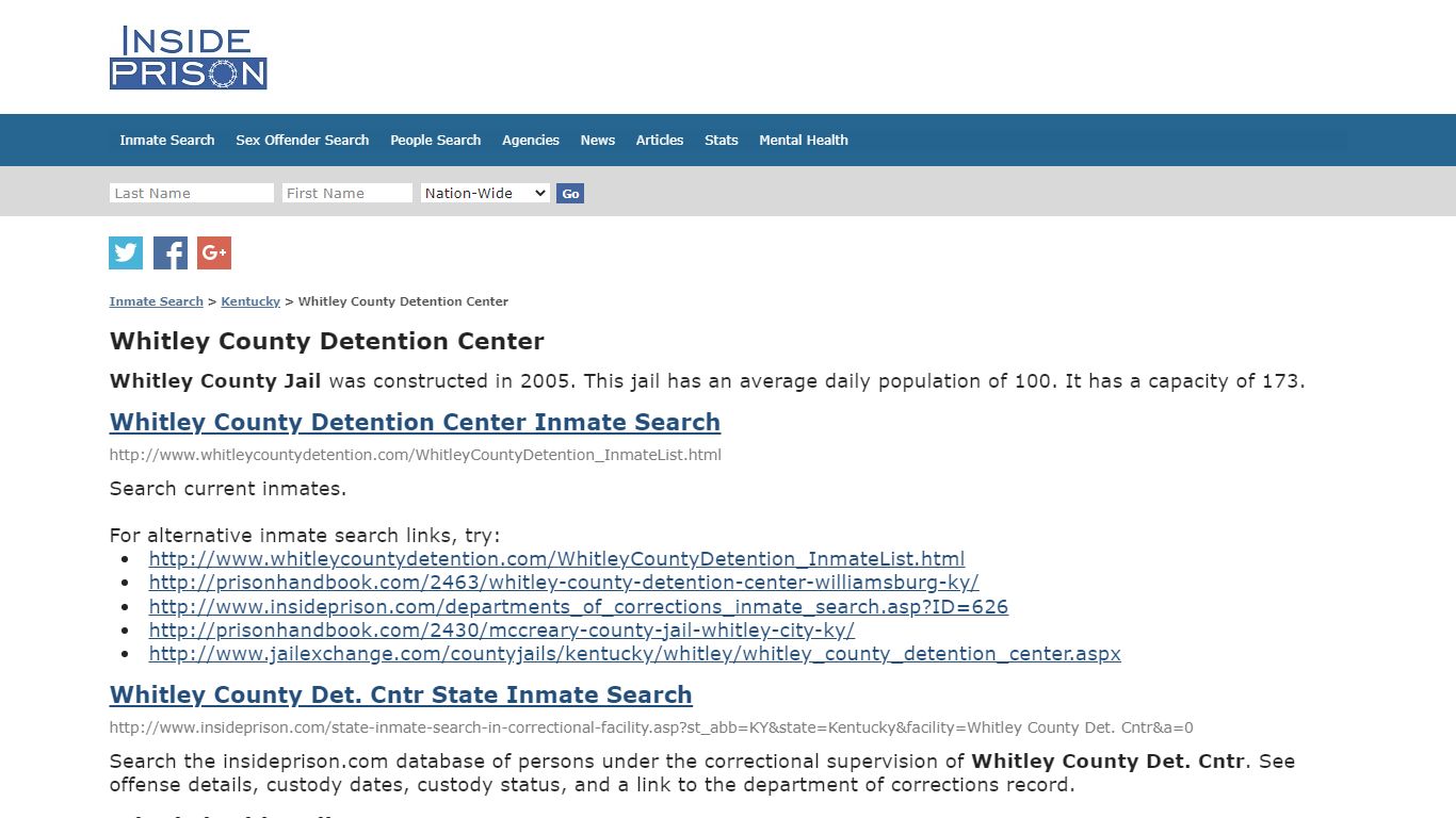 Whitley County Detention Center - Kentucky - Inmate Search - Inside Prison